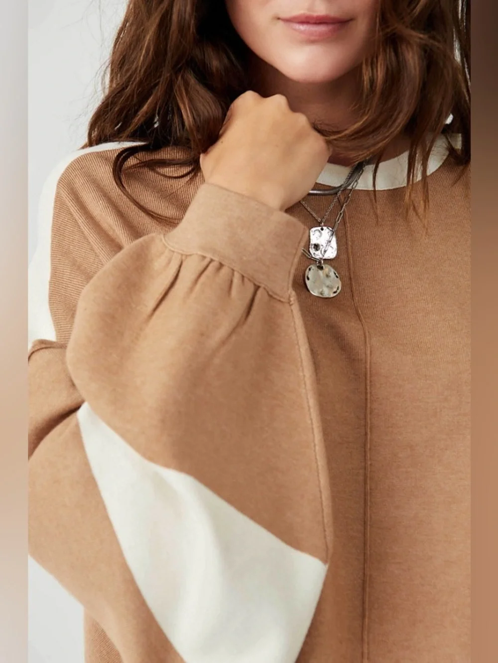 Free People Oversized Uptown Colorblock‎ Pullover Brown and White
